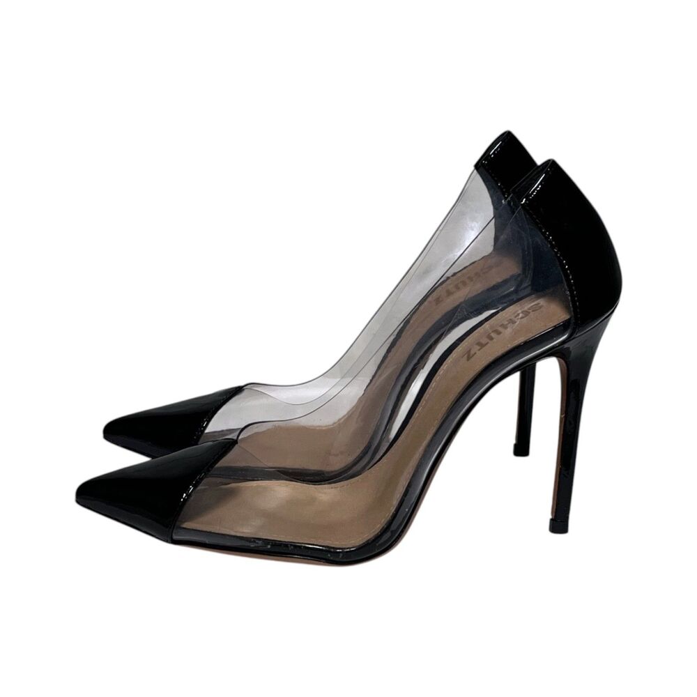 Schutz Cendi Clear PVC Black Patent Leather Pointed Toe Stiletto Pumps 8.5B - Picture 4 of 12